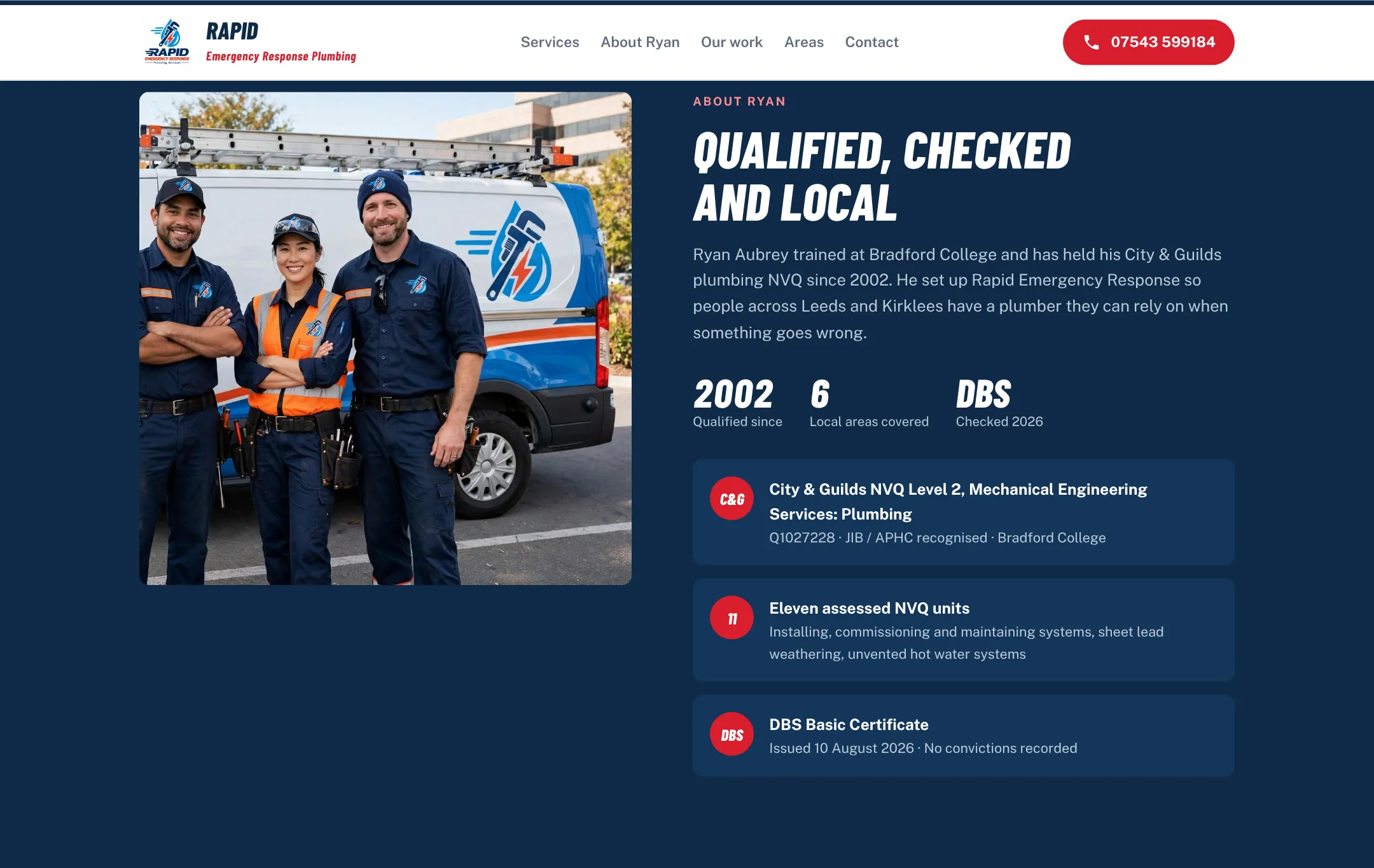 The About Ryan section of the site: the team photo, “Qualified, checked and local”, and three credentials: City & Guilds NVQ, eleven assessed units, and a DBS certificate.